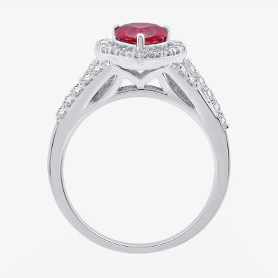 Yes, Please! Womens Lab Created Red Ruby Sterling Silver Heart Halo Side Stone Cocktail Ring