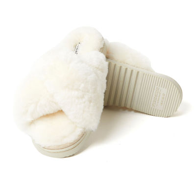 Dearfoams Fireside Newcastle Crossband Genuine Shearling Womens Slip-On Slippers