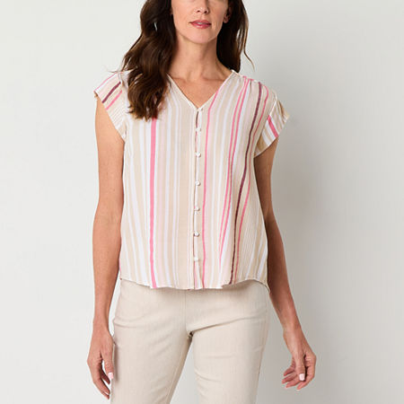 Liz Claiborne Womens V Neck Short Sleeve Blouse, Small, White