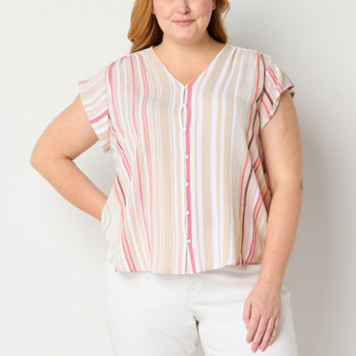 Liz Claiborne Womens Plus V Neck Short Sleeve Blouse