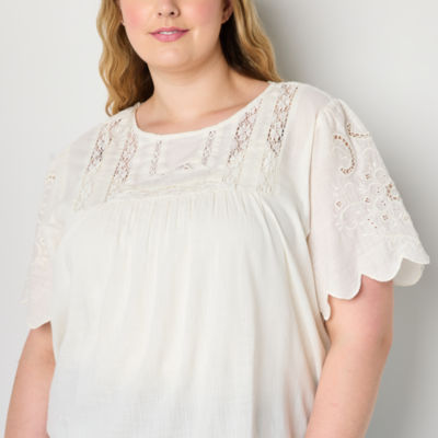 a.n.a Plus Womens Round Neck Short Sleeve Embroidered Blouse