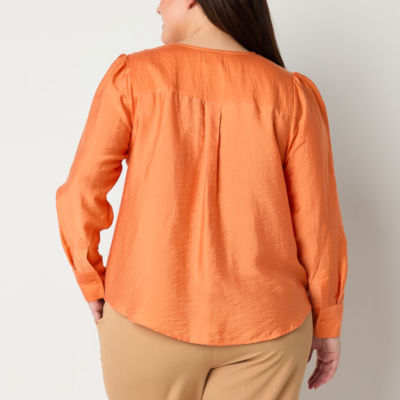 Worthington Plus Womens Split Crew Neck Long Sleeve Blouse