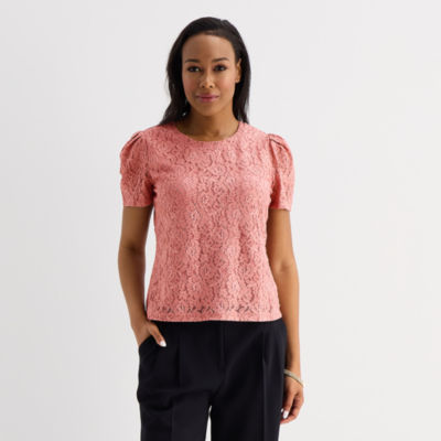 Liz Claiborne Womens Crew Neck Short Sleeve Lace Blouse
