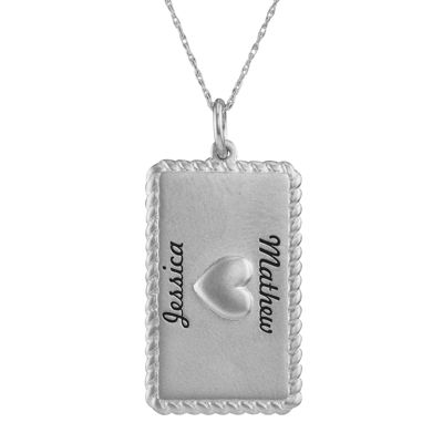 Personalized 14K White Gold Rectangular Puffed Heart with Names Pendant Necklace