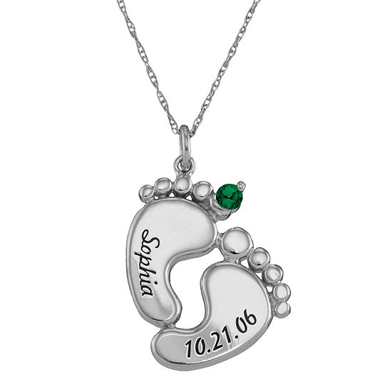 Personalized Sterling Silver Name, Date & Birthstone Footprints Pendant Necklace