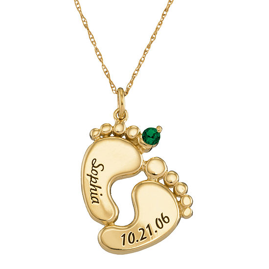 Personalized 10K Gold Name, Date and Birthstone Footprints Pendant Necklace