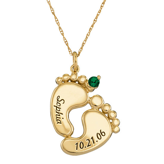 Personalized 14K Gold Name, Date and Birthstone Footprints Pendant Necklace