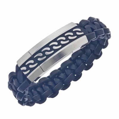 Mens Two-Tone Stainless Steel and Leather Bracelet