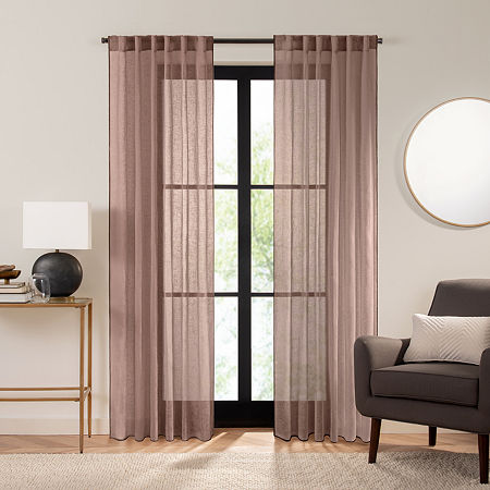 Fieldcrest Luxury Linen Border Stripe Sheer Rod Pocket Back Tab Single Curtain Panel, One Size , Pink