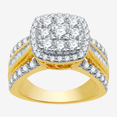 Womens 2 CT. T.W. Natural White Diamond 10K Gold Cushion Side Stone Halo Engagement Ring