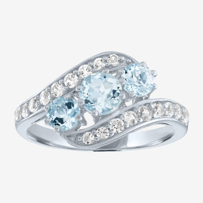 Womens Genuine Blue Aquamarine Sterling Silver 3-Stone Bypass  Cocktail Ring