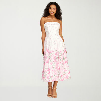 Premier Amour Womens Strapless  Floral Midi Fit + Flare Dress