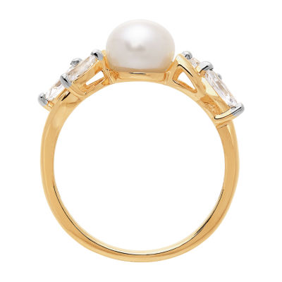 Certified Sofia Cultured Freshwater Pearl and Lab Created White Sapphire in 10K Gold Cocktail Ring
