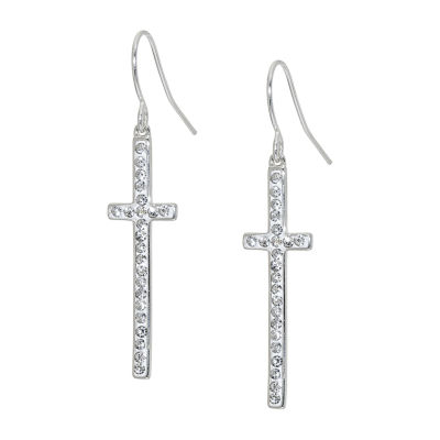 Sparkle Allure Womens Crystal Pure Silver Over Brass Cross Drop Earrings