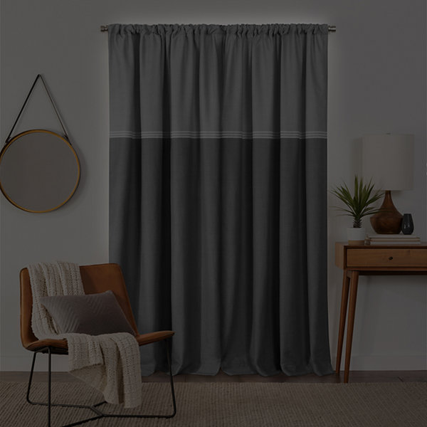Fieldcrest Devin Flippable Stripe Cotton Chambray Energy Saving 100% Blackout Rod Pocket Single Curtain Panel