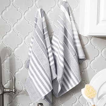 T-fal Gray Solid and Stripe Waffle Cotton Kitchen Towel Set of 2