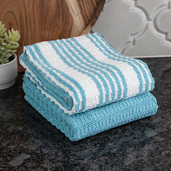 T-Fal Solid and Stripe Waffle Kitchen Towel, Set of 4 - Cool, Blue
