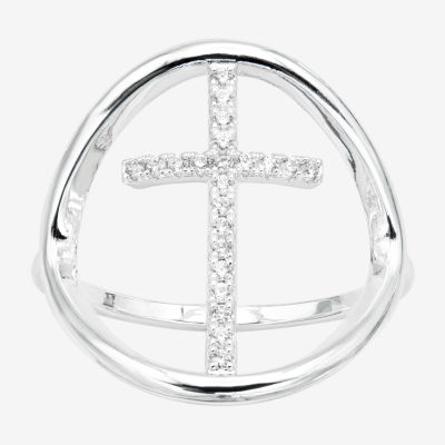 Sparkle Allure Open Cubic Zirconia Pure Silver Over Brass Cross Cocktail Ring