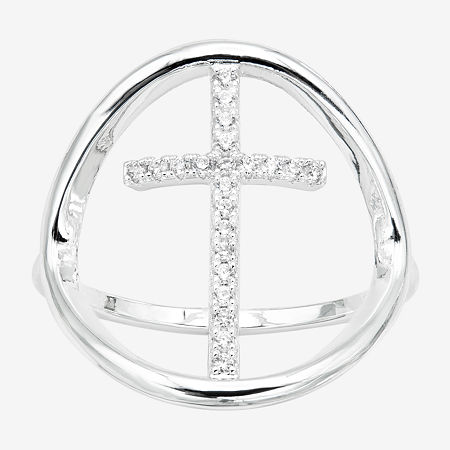 Sparkle Allure Open Cubic Zirconia Pure Silver Over Brass Cross Cocktail Ring, 7