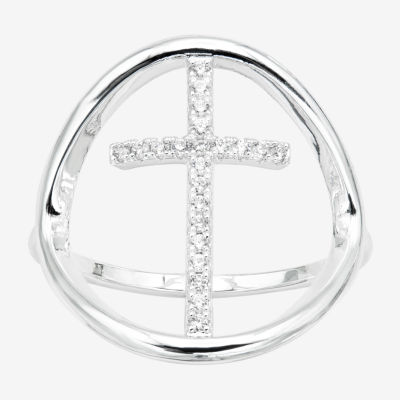 Sparkle Allure Open Womens Cubic Zirconia Pure Silver Over Brass Cross Cocktail Ring