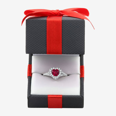 Yes, Please! Womens Lab Created Red Ruby Sterling Silver Heart Halo Side Stone Cocktail Ring