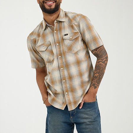 Wrangler Plaid Short Sleeve Wovens Mens Regular Fit Short Sleeve Plaid Button-Down Shirt, Xx-large, Yellow