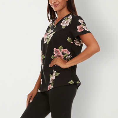 Sienna Love 2-Pocket Printed Floral Womens V Neck Quick Dry Short Sleeve Scrub Top
