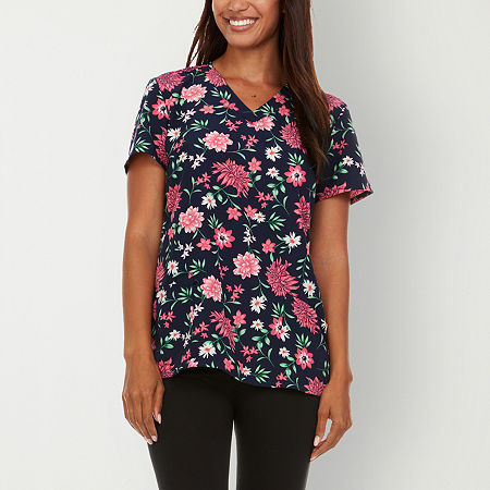 Sienna Love 2-Pocket Printed Fun Floral Womens V Neck Quick Dry Short Sleeve Scrub Top, Medium, Blue