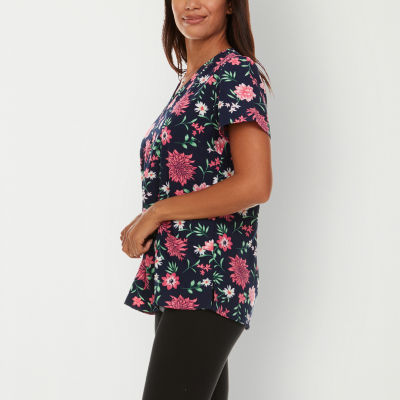 Sienna Love 2-Pocket Printed Fun Floral Womens V Neck Quick Dry Short Sleeve Scrub Top