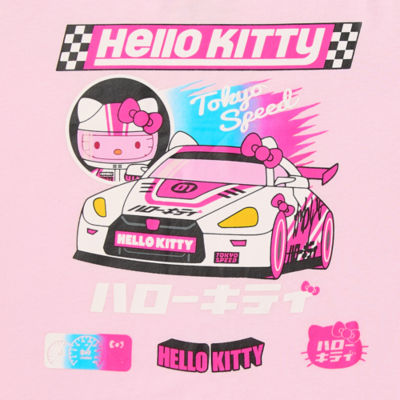 Juniors Hello Kitty Tokyo Speed Ringer Baby Tee Womens Split Crew Neck Short Sleeve Graphic T-Shirt