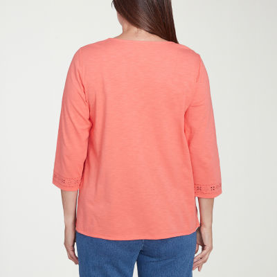 Alfred Dunner Free Spirit Womens Split Crew Neck 3/4 Sleeve T-Shirt