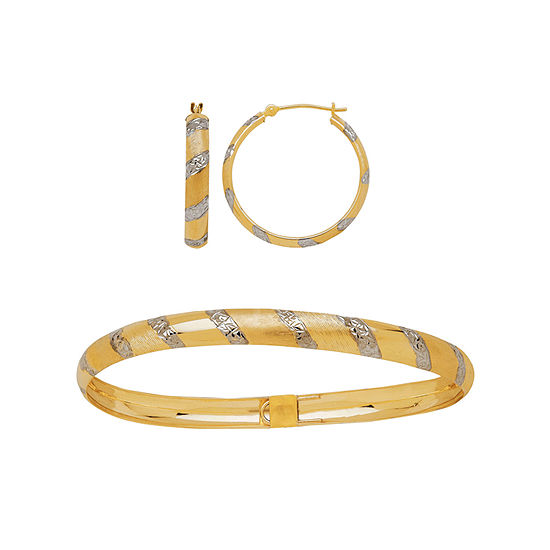 Two-Tone 10K Gold Diamond-Cut Bangle and Hoop Earring 2 Pc Jewelry Set