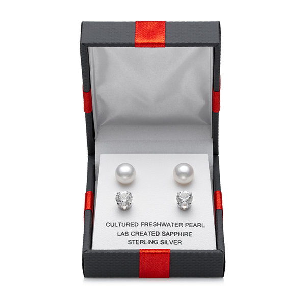 LIMITED TIME SPECIAL! Lab Created White Sapphire and Cultured Freshwater Pearl 2 Pair Stud Earring Set in Sterling Silver