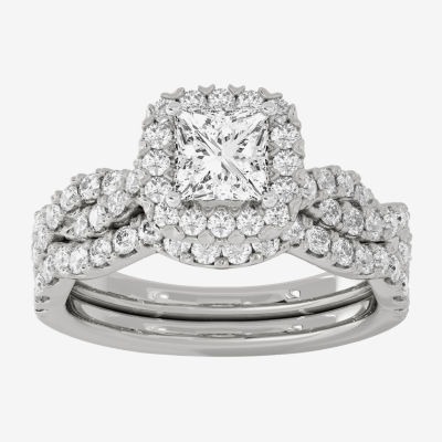 H-I / Si1-Si2) Womens / CT. T.W. Lab Grown White Diamond 10K Gold Cushion Side Stone Halo Bridal Set