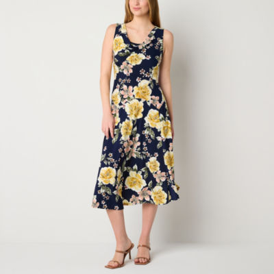 Robbie Bee Sleeveless Floral Midi Fit + Flare Dress, Color: Navy Yellow ...