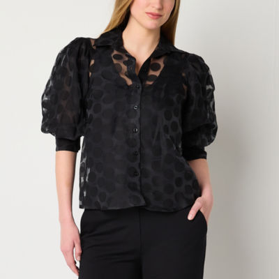 52seven Womens Elbow Sleeve Regular Fit ButtonDown Shirt, Color Black JCPenney