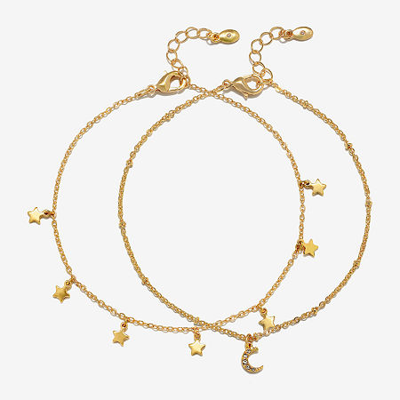 Bijoux Bar Delicates Womens Gold Tone 9 Inch Solid Link Moon Star Ankle Bracelet