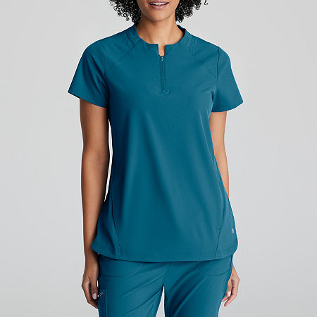 Barco One Bot216 Flux 2-Pocket Banded Zip Collar Womens High Neck Short Sleeve Wrinkle Resistant Scrub Top, X-small, Blue