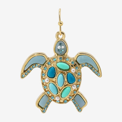 Bijoux Bar Gold Tone Turtle Blue Glass Simulated Pearl Drop Earrings