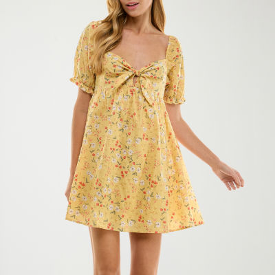 City Triangle Womens Short Sleeve Floral Fit + Flare Dress Juniors