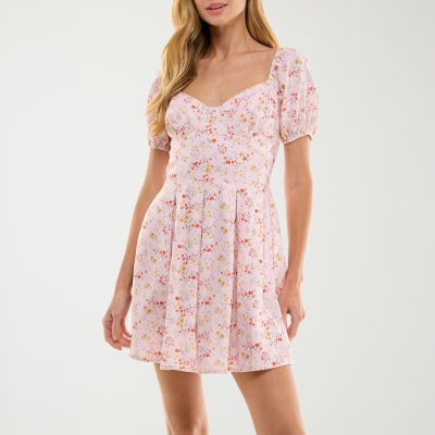 City Triangle Womens Juniors Short Sleeve Floral Fit + Flare Dress