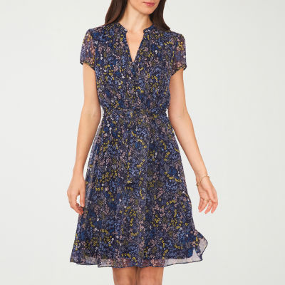 MSK Womens Belted Short Sleeve Floral Shirt Dress, Color: Evening Blue ...