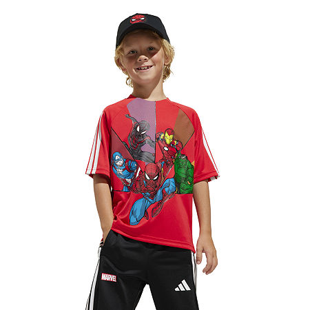 adidas Boys Crew Neck Short Sleeve Avengers Graphic T-Shirt, Small, Red