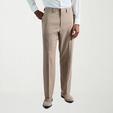 Haggar Men's Premium Comfort Tonal Plaid Classic Fit Flat Front Dress Pant, 36 32, Beige