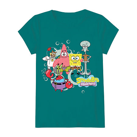 Little & Big Kid Girls Crew Neck Short Sleeve Regular Fit Spongebob Graphic T-Shirt, Medium (10-12), Green