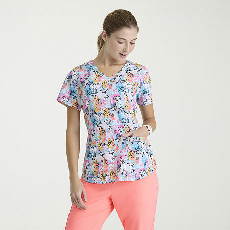 Skechers Skt021 Essence 3-Pocket Print Womens V Neck Short Sleeve Tag Free Stretch Fabric Moisture Wicking Scrub Top