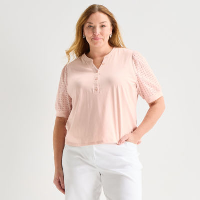 Liz Claiborne Womens Plus Split Crew Neck Elbow Sleeve Blouse
