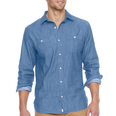 mutual weave Stretch Chambray Mens Long Sleeve Regular Fit Stretch Fabric Button-Down Shirt