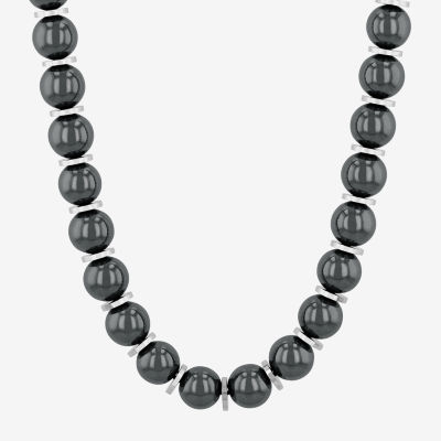 Mens Gray Hematite Stainless Steel Beaded Necklace