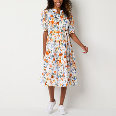 St. John's Bay Womens Short Sleeve Embroidered Floral Midi Fit + Flare Dress